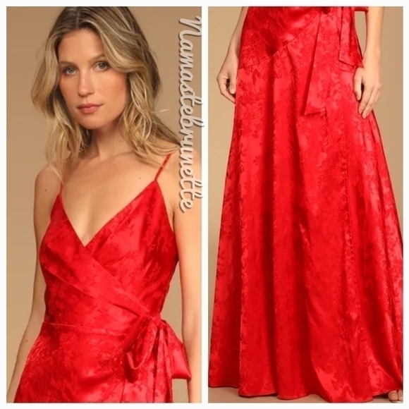 Nwt Lulu's Red Floral Jacquard Satin Wrap Maxi Dress, Formal - Picture 3 of 17
